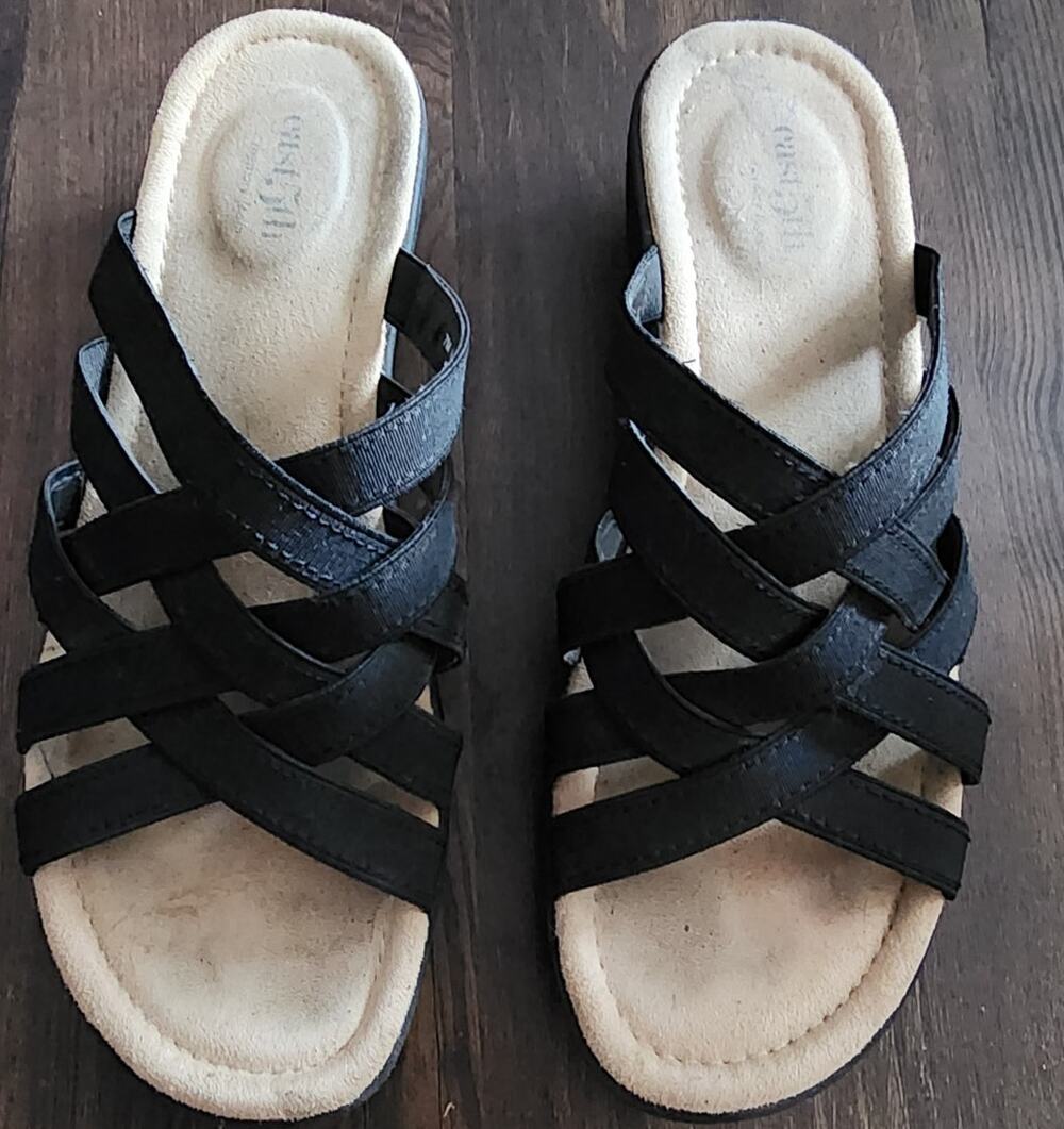 East 5th Irvina Black Heeled Sandals open-toe design with criss-cross straps  7